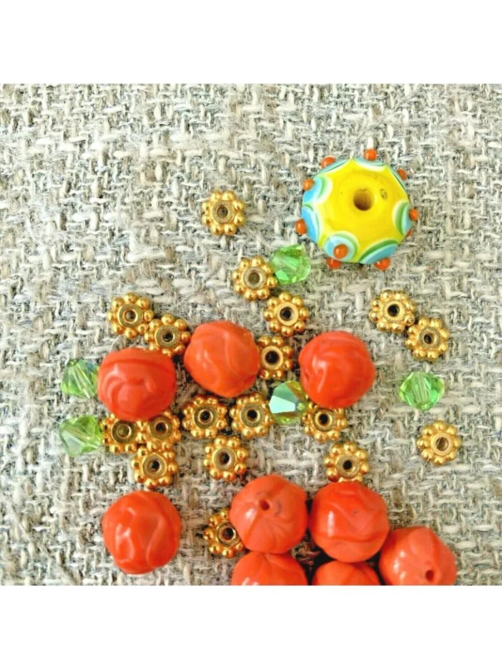 Lot Vintage Orange Beads Crystals Vermeil Spacers Hand Blown Bead (VB3)